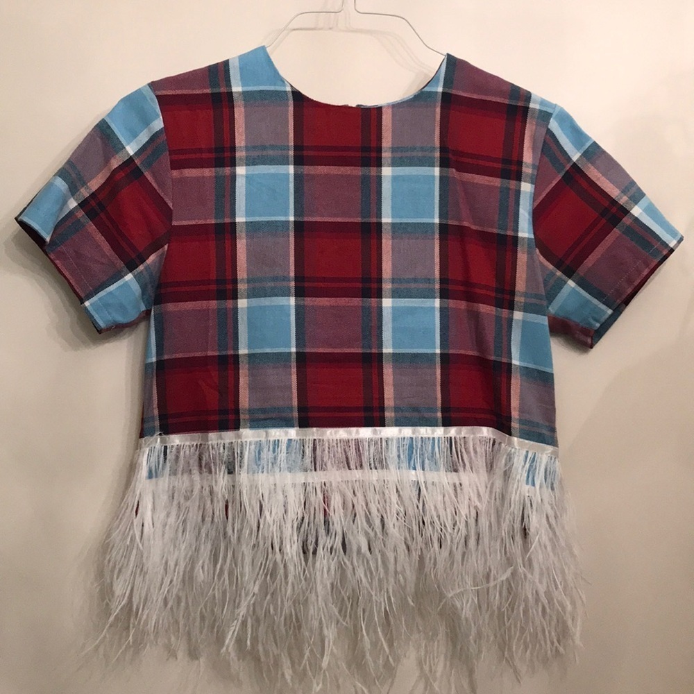 Plaid Feather Trim Crop Top Red Blue White Size Small